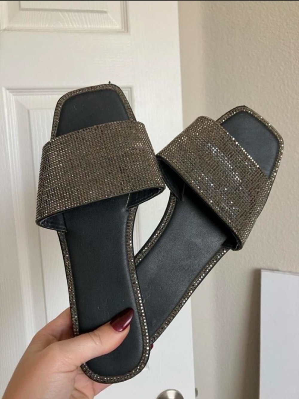 Sparkle Slide Sandals in Gunmetal Gray - Women's Fashion Slides